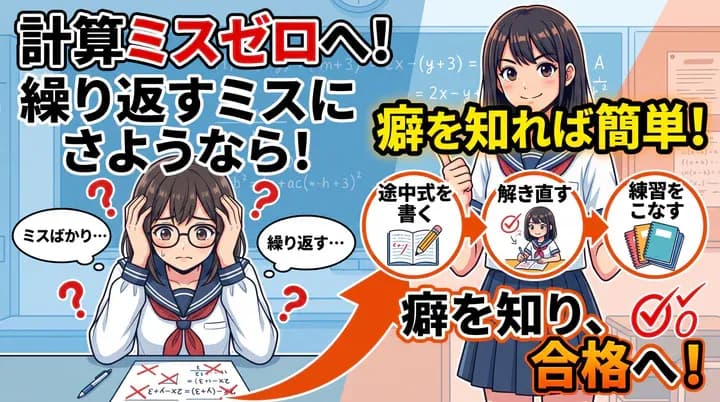 【中学生の数学】計算ミスを減らす3つの方法!途中式・解き直し・反復練習がポイント