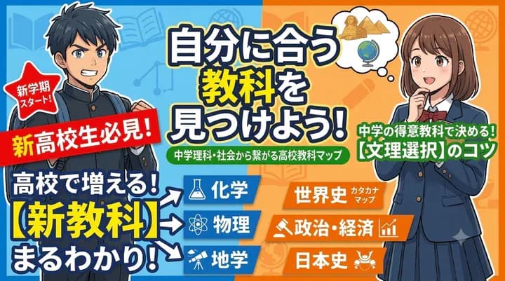 新高校生必見!高校で学ぶ化学・物理・地学・世界史・日本史・政治経済などの特徴を、中学の得意教科と関連づけてわかりやすく紹介。文系・理系選びや科目選択で迷っている人にも役立つ内容です。